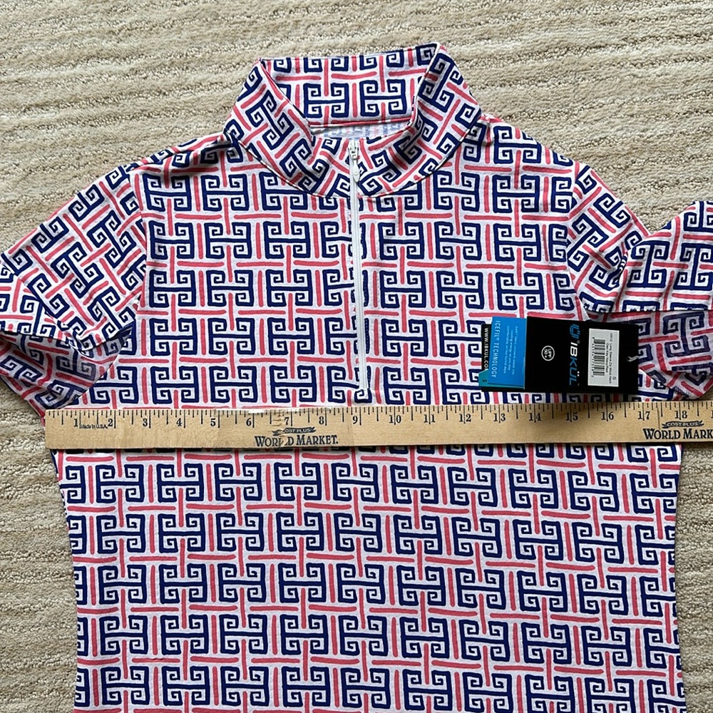 NWT IBKÜL Zip Mock Neck Geo Key Print 1/4 ZIP Polo Long Sleeve Top Size Small - Picture 12 of 16